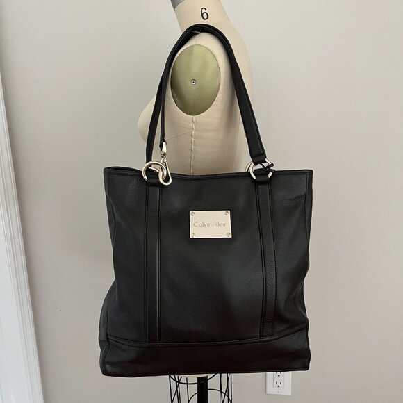 CALVIN KLEIN Dark Brown Pebbled Leather Shoulder Tote Bag Large BOHO Preppy - Picture 1 of 16